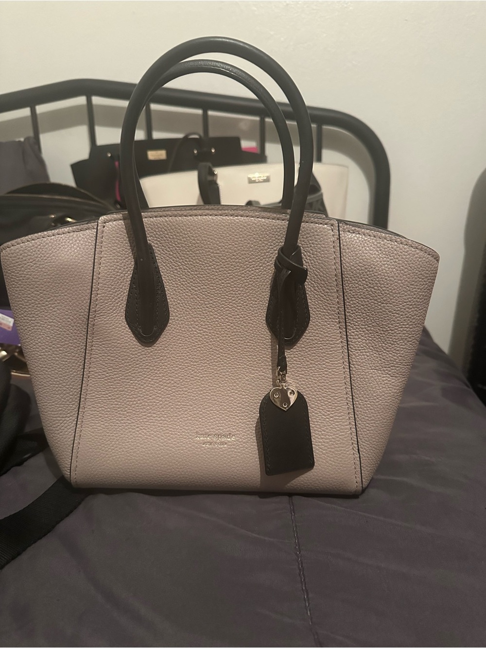 kate spade Pebbled Leather Satchel in Light Gray with Black Trim